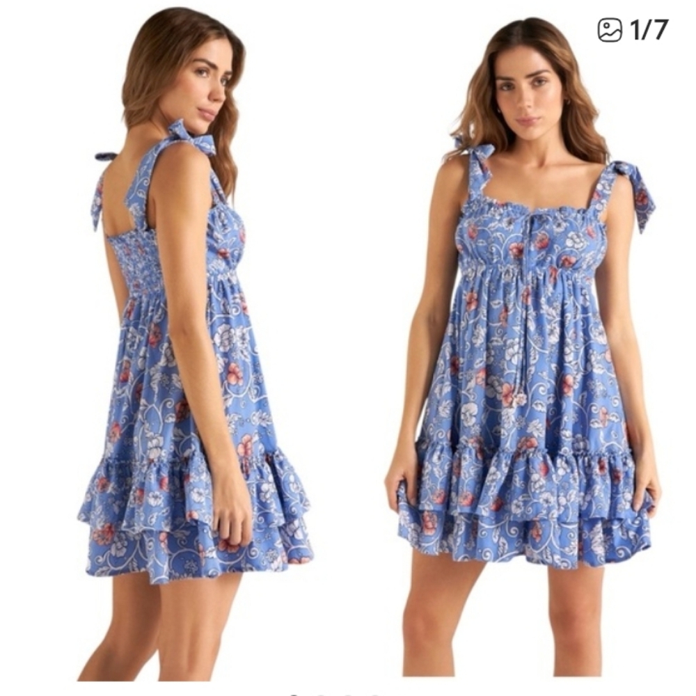 Cosita Linda Beachwear Blue Spaces Tiered Short Dress Size M NWT